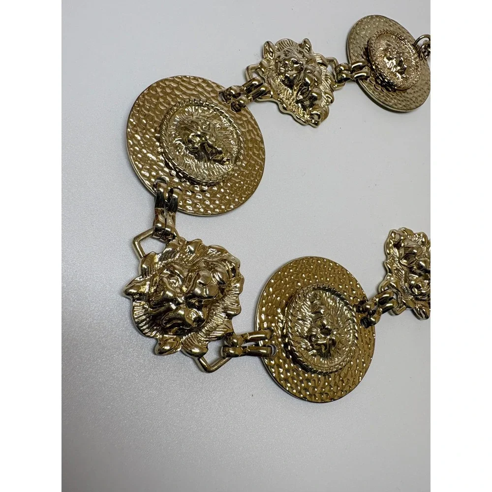 Vintage Gold Tone Lion Head Medallion Chain Belt Necklace Hammered Coin  36in